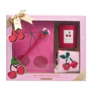 Joyward Very Cherry 4-Piece Gift Set Candle, Plush Socks, Notebook & Cherry Pen